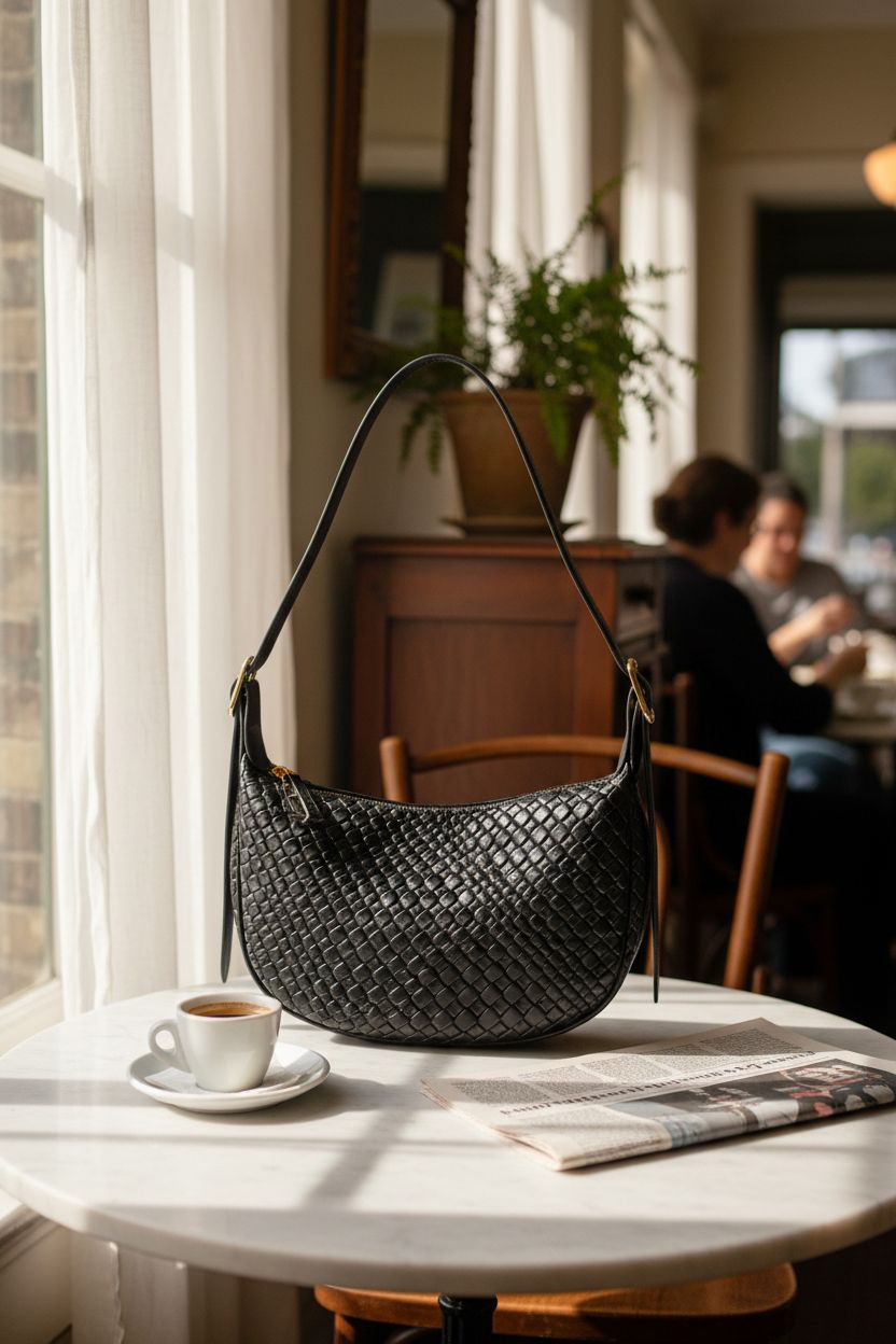 BOSTANTEN crescent bag resting on marble table with espresso and newspaper