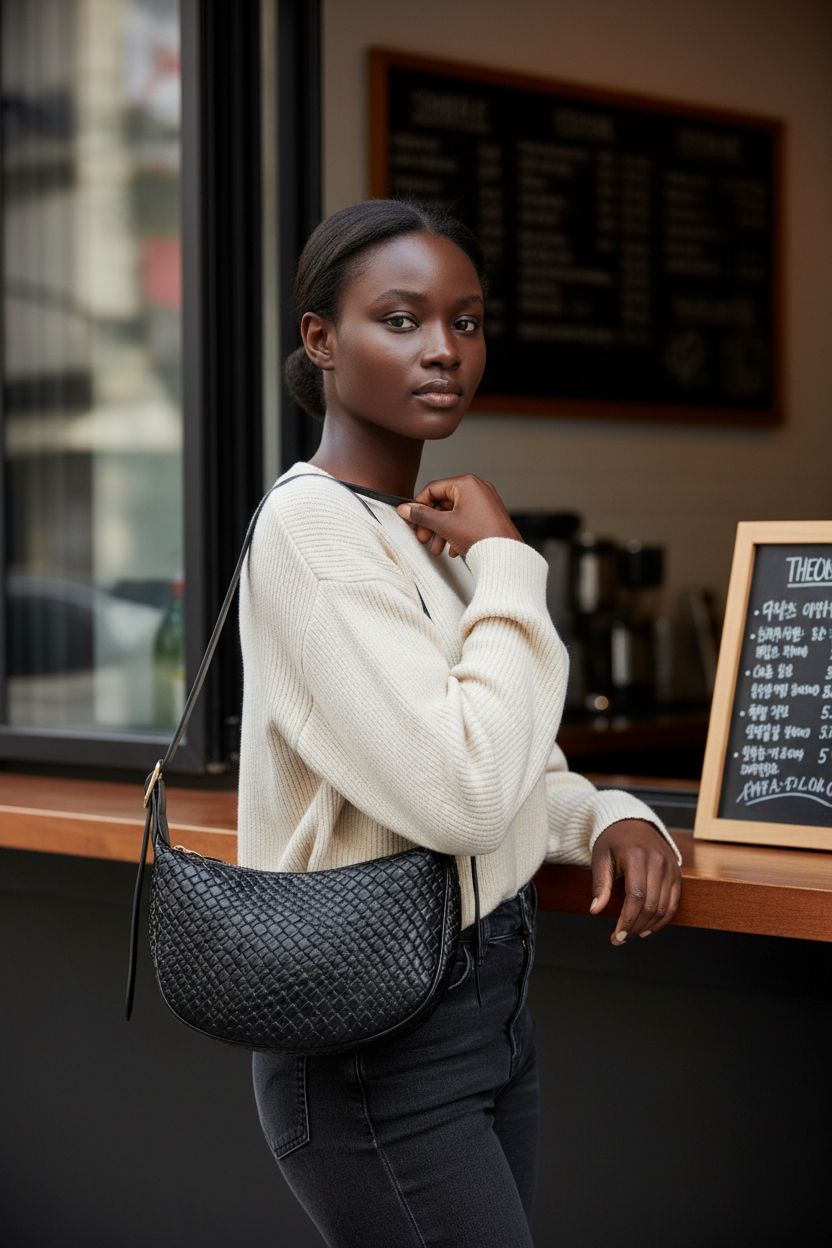 BOSTANTEN small black crescent shoulder bag tucked underarm at café window