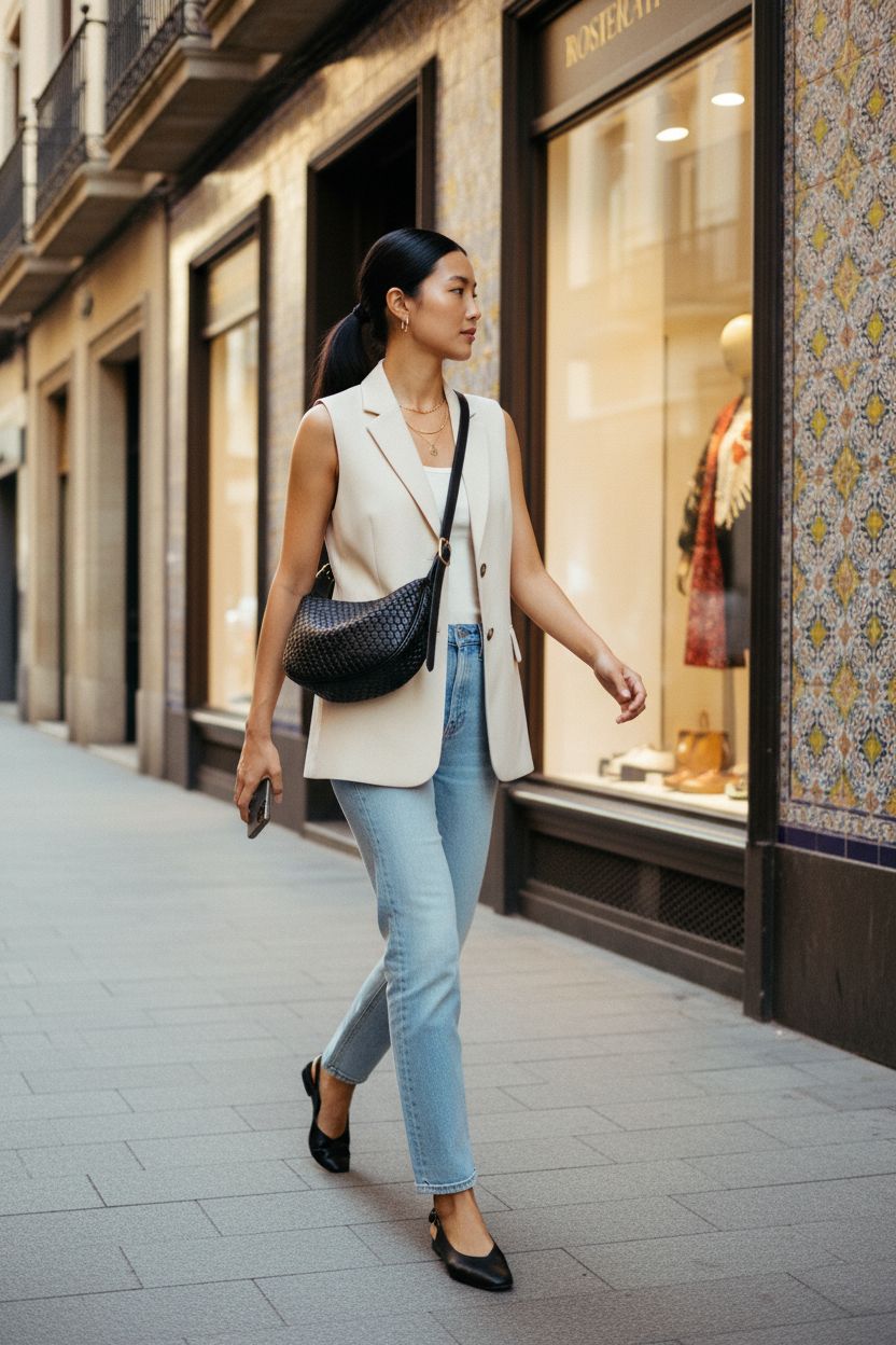 BOSTANTEN black woven crossbody bag against trendy outfit on sidewalk