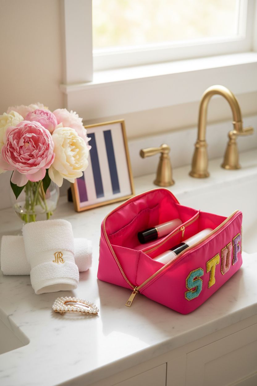 Chic STOMKIRE bag half-open on a marble vanity, showcasing its stylish design