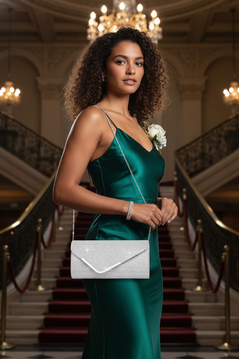 Shiny Larcenciel silver clutch purse, a stylish companion for an emerald satin prom dress.