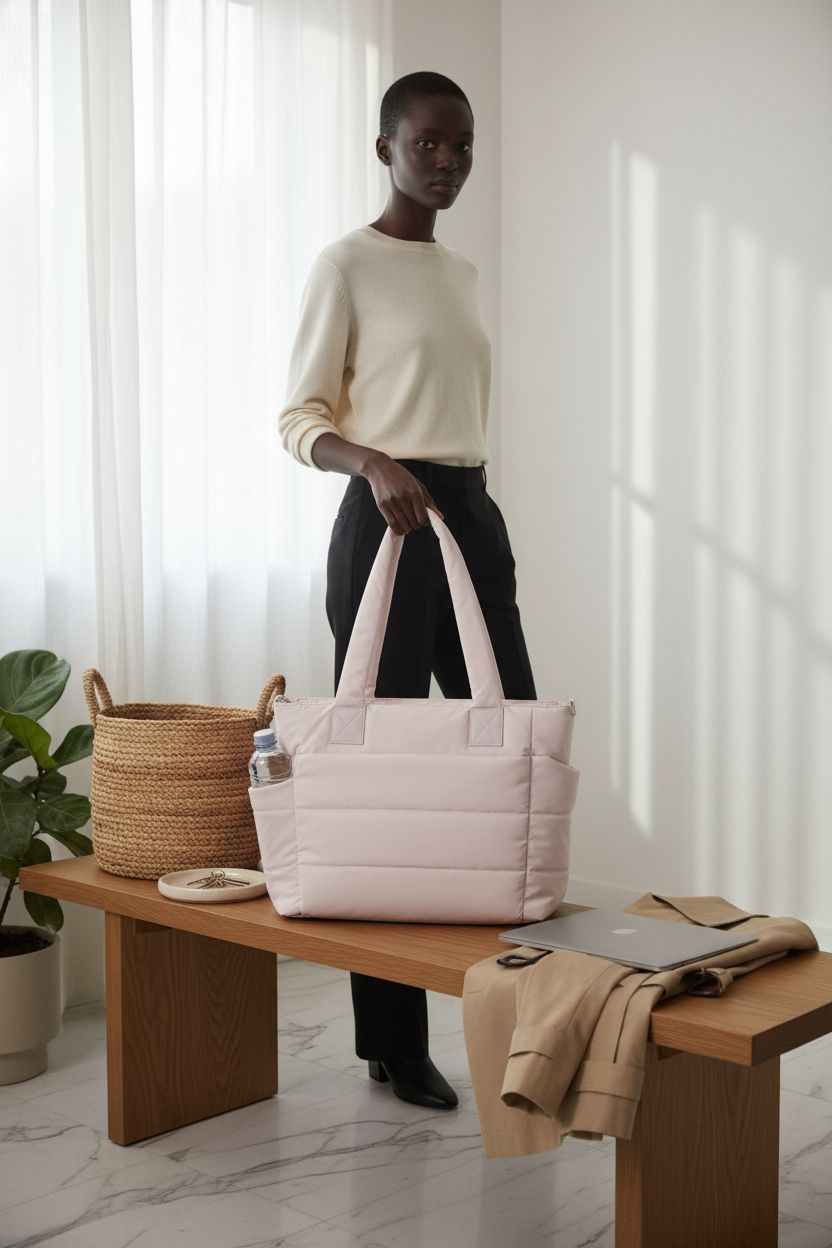 GASSDA puffer tote bag in a cozy home entryway, highlighting its versatility and style.