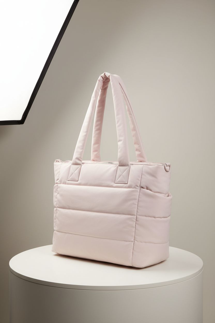 GASSDA beige puffer tote bag displayed elegantly on a pedestal, showcasing its quality.