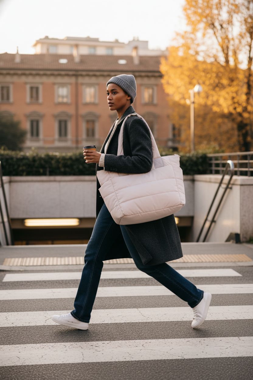 Beige GASSDA puffer tote bag styled for a trendy commute, showcasing its quilted design.