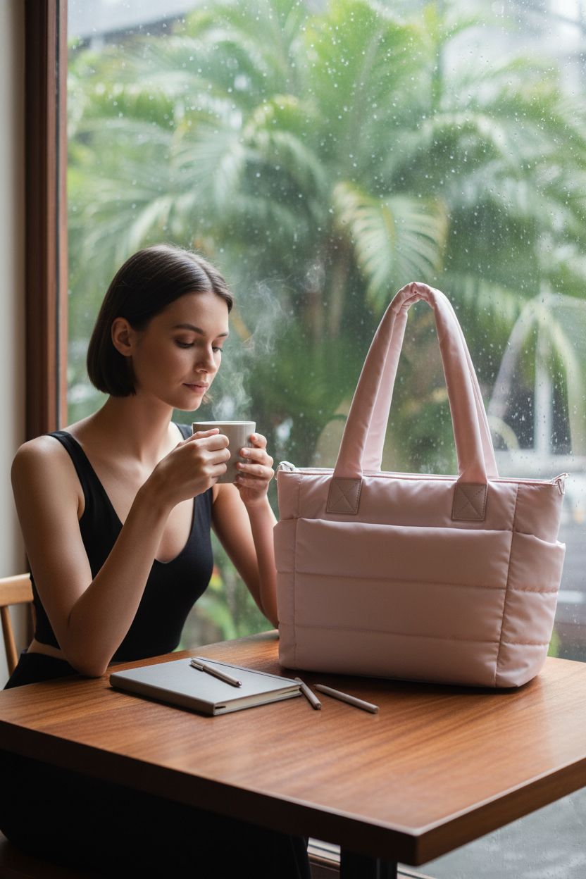 Cozy scene with GASSDA beige puffer tote bag beside a mug and planner in a café