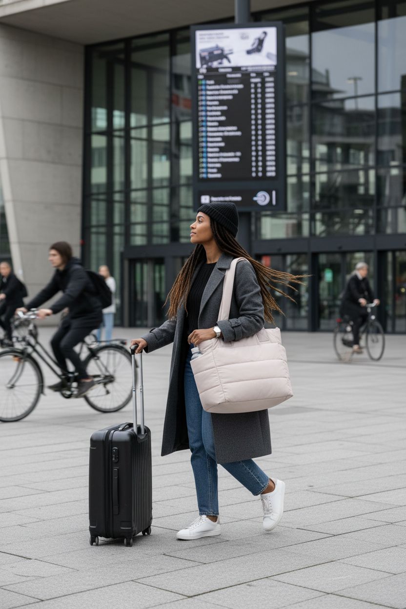 Beige GASSDA puffer tote bag carried by a commuter near a train station, ready for travel