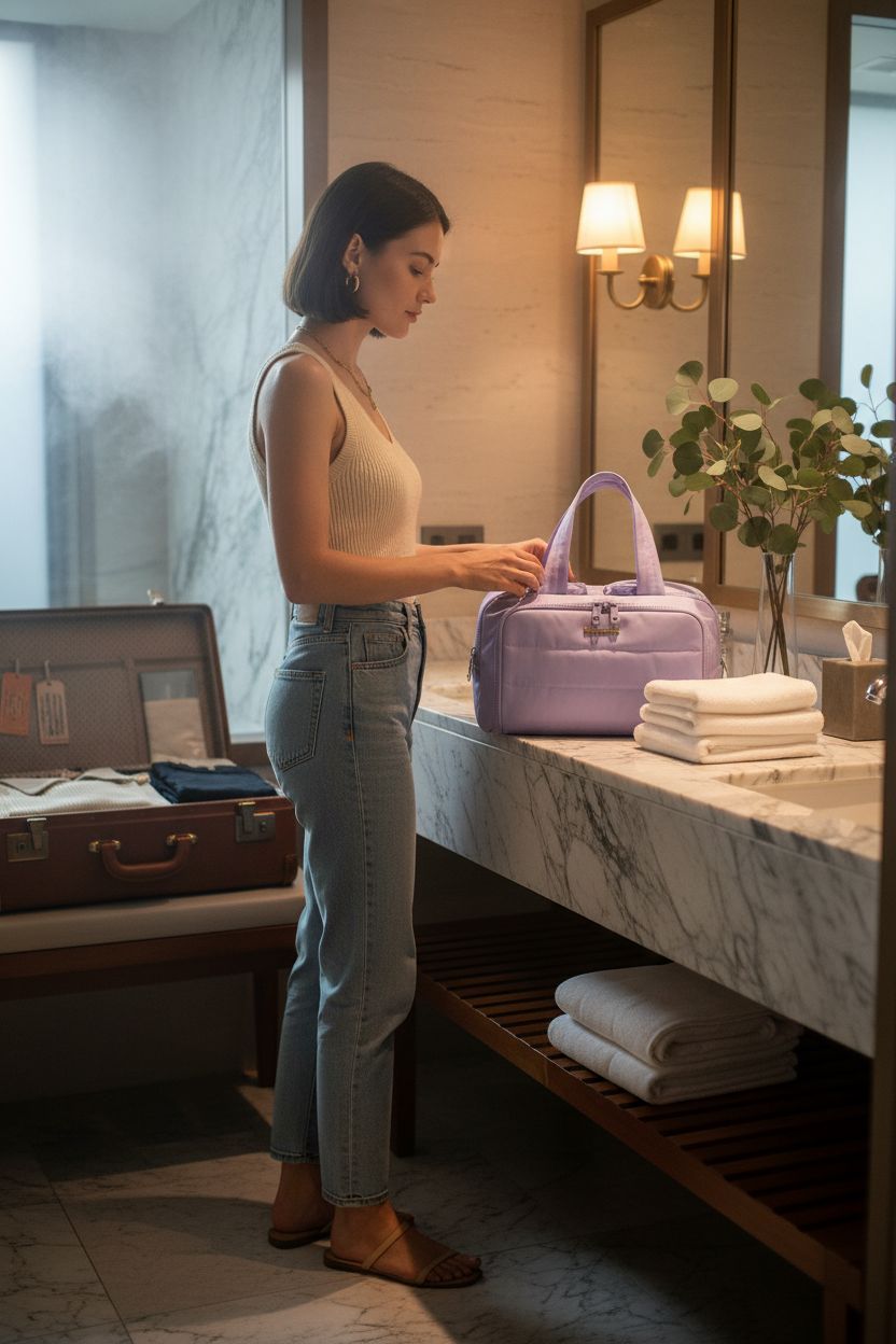 Stylish BAGSMART purple toiletry bag on marble vanity in boutique hotel bathroom