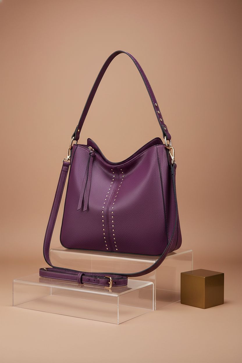 Montana West purple hobo bag displayed on a seamless backdrop highlighting its design and detail.
