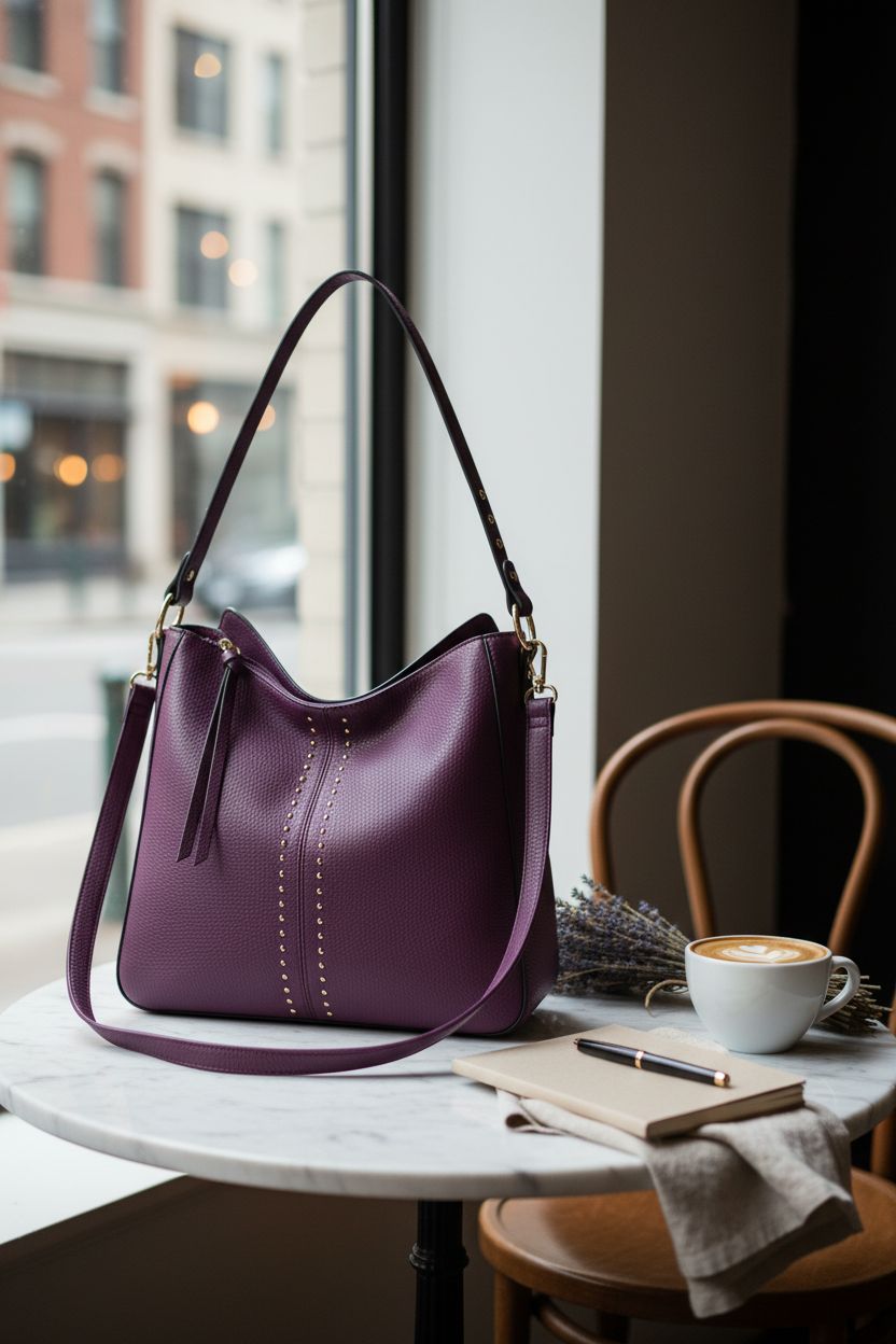Montana West purple hobo bag resting on a café table, exuding a cozy and stylish vibe
