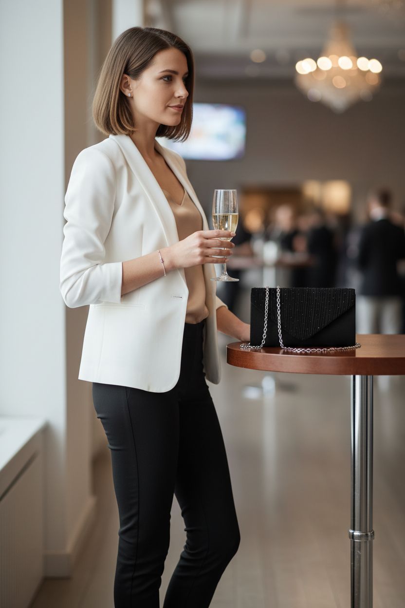TINDTOP black evening clutch purse on a cocktail table, showcasing its elegant design for formal events.