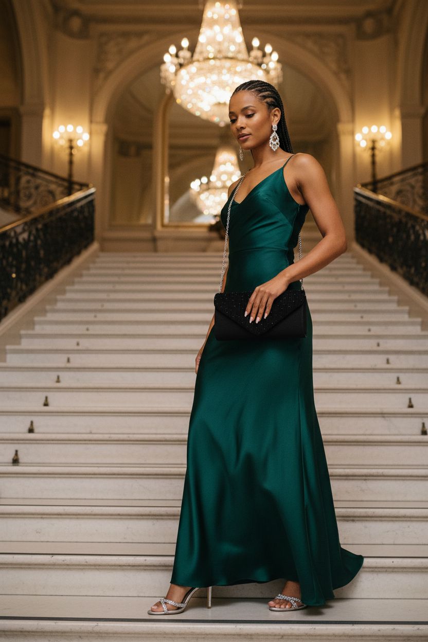 TINDTOP black satin clutch worn crossbody, perfectly complementing a formal gown in a ballroom setting.