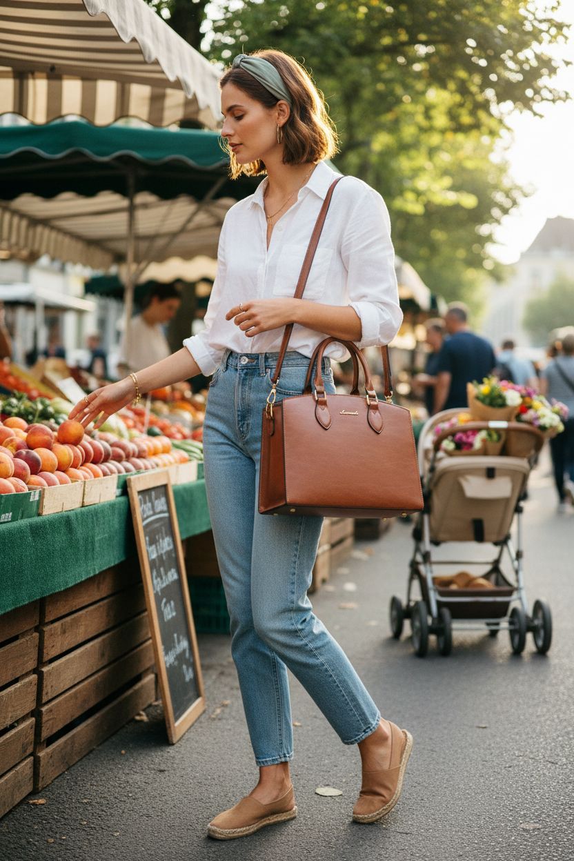 LOVEVOOK trendy brown satchel bag worn crossbody at farmers' market, showcasing its versatility.