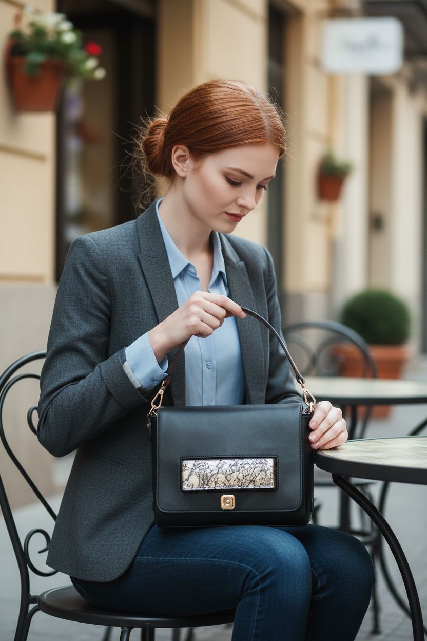 Prasacco brown leather purse strap being placed on a café table, highlighting its chic design and versatility.