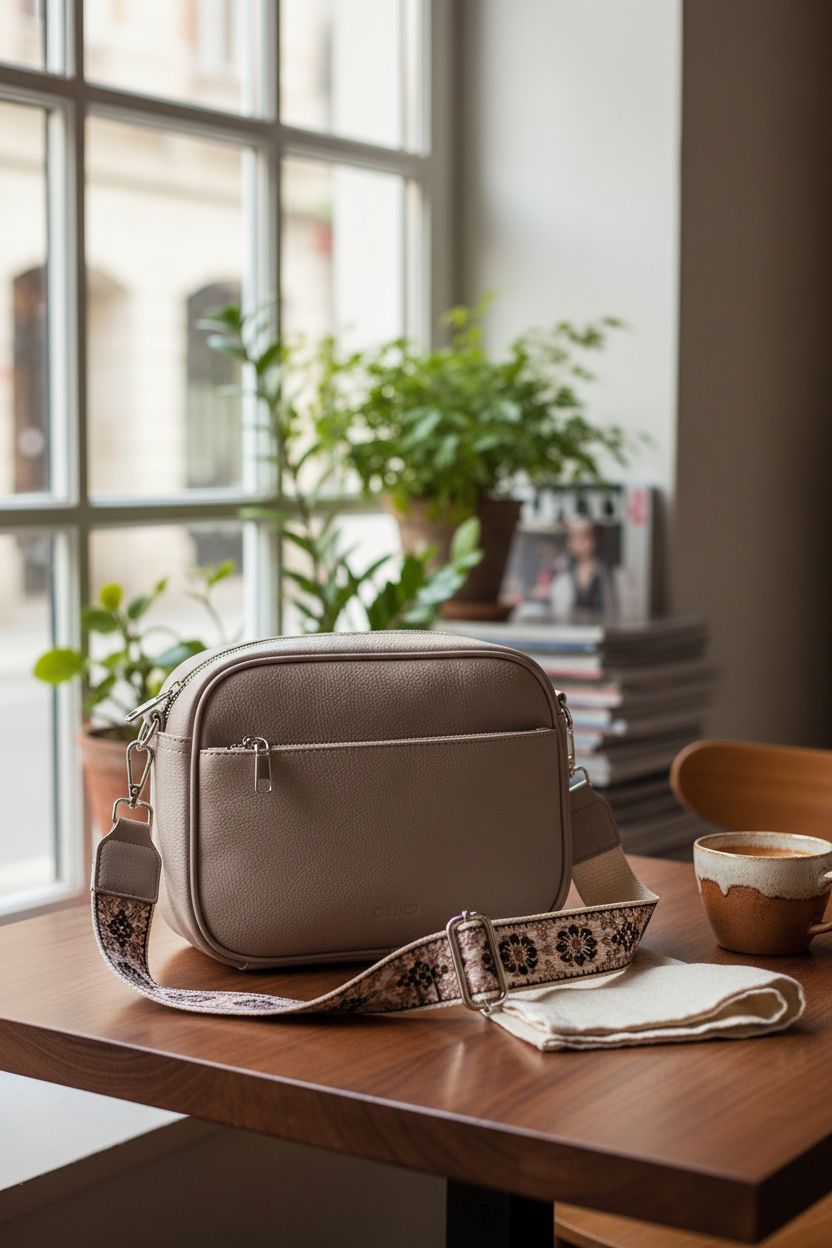 CLUCI taupe crossbody purse resting on a café table, showcasing elegant design and vegan leather texture.