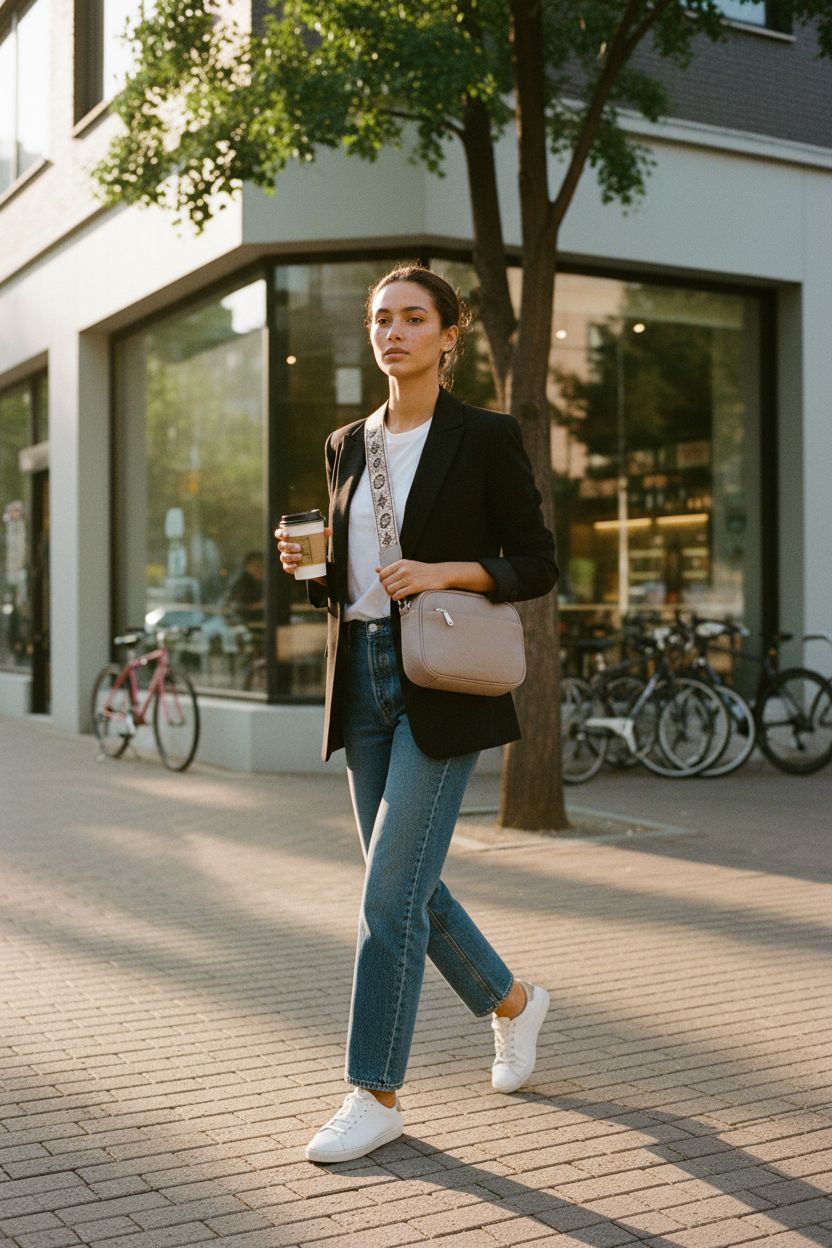 CLUCI taupe crossbody purse with patterned strap, styled with casual outfit, perfect for any occasion.