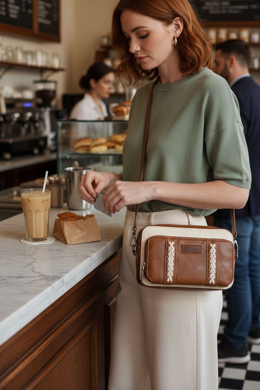 Stylish Wrangler crossbody bag with built-in wallet on café counter, showcasing vegan leather design.