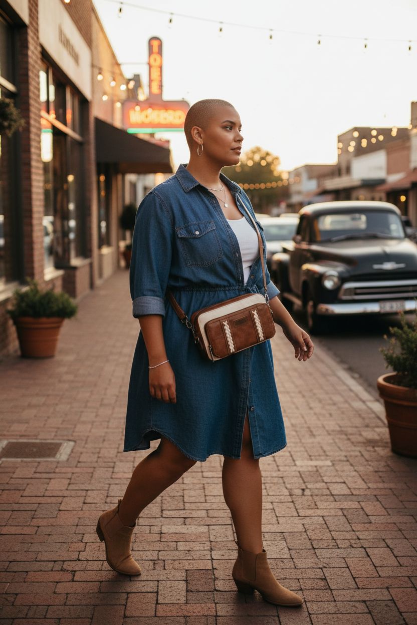 Wrangler crossbody bag worn casually along a charming street, perfect for daytime outings.