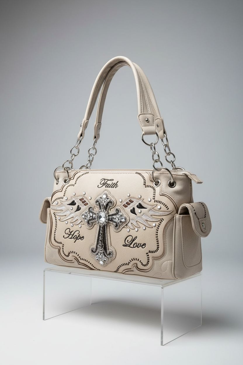 Close-up of Zelris beige handbag on a gray background, highlighting its cross logo and details.