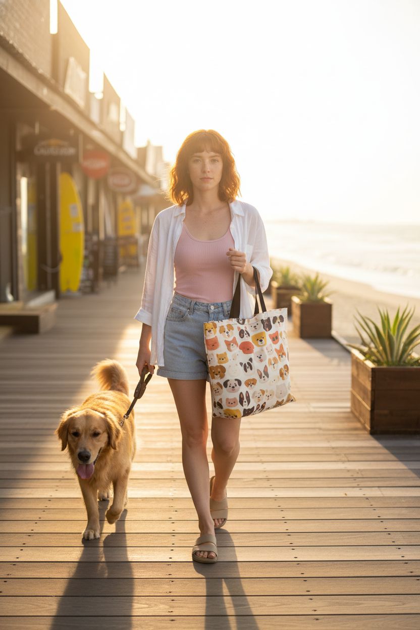 BIFMVOG cream tote purse swinging at a beach boardwalk, showcasing vibrant dog faces for travel.