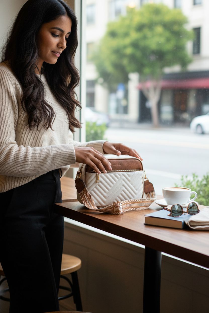 BOSTANTEN small shoulder handbag in a cozy café setting, enhancing your lifestyle.