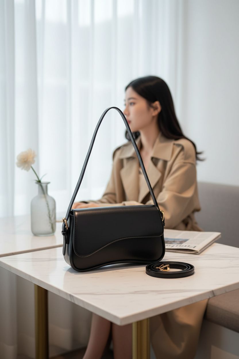 Amszke vegan leather black saddle bag accentuates modern café setting, elegant design.