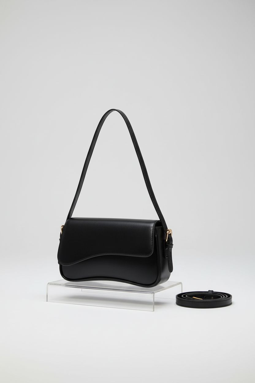 Product shot of Amszke black hobo handbag, vegan leather with removable strap on gray backdrop.