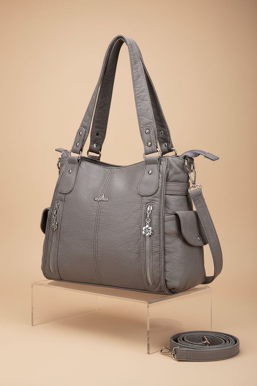 Grey Angel Kiss handbag on a warm beige backdrop, showcasing its design