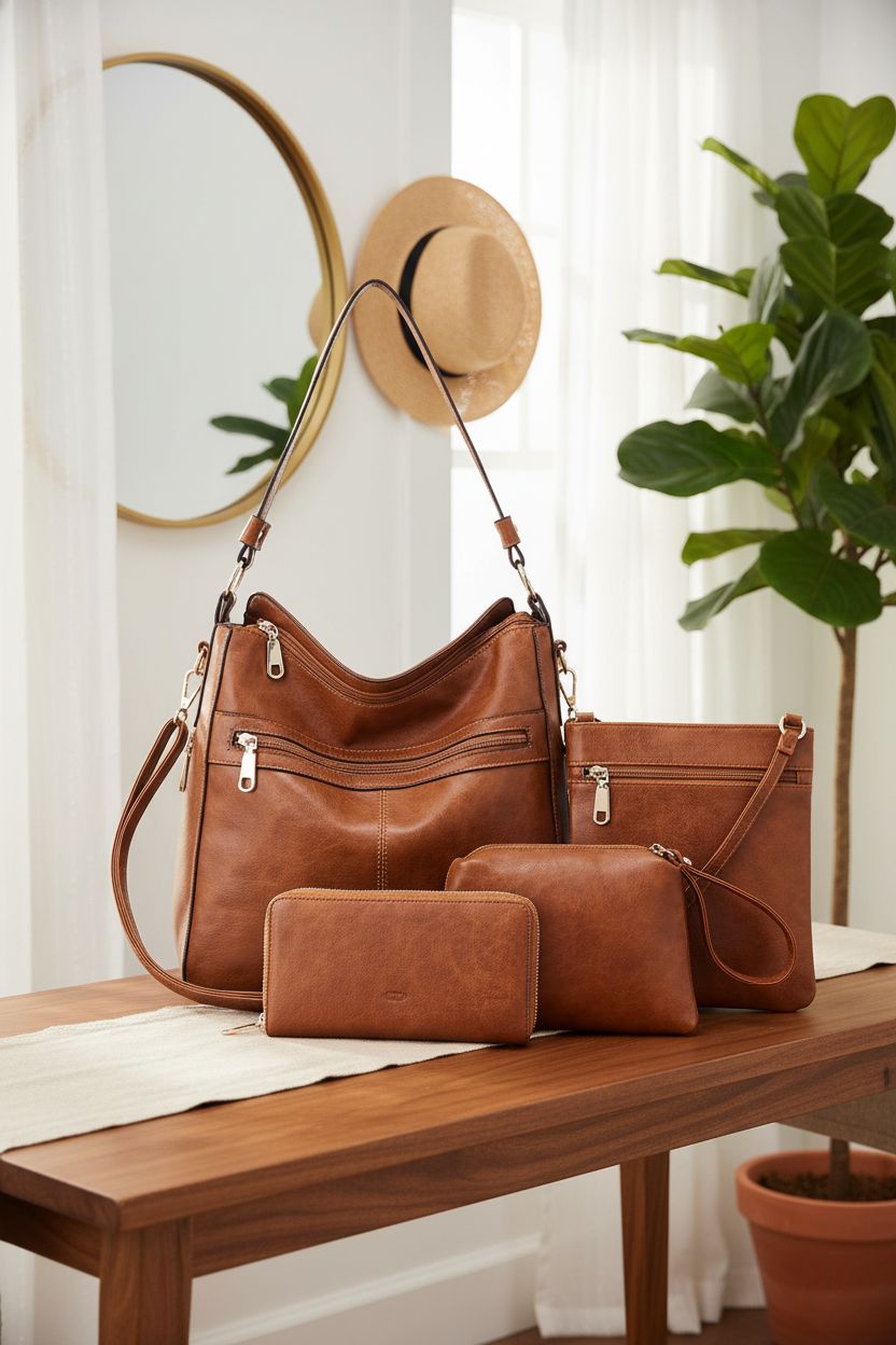 Warm entryway vignette featuring Qiyuer brown hobo bag, wallet, and coin purse on a walnut console.