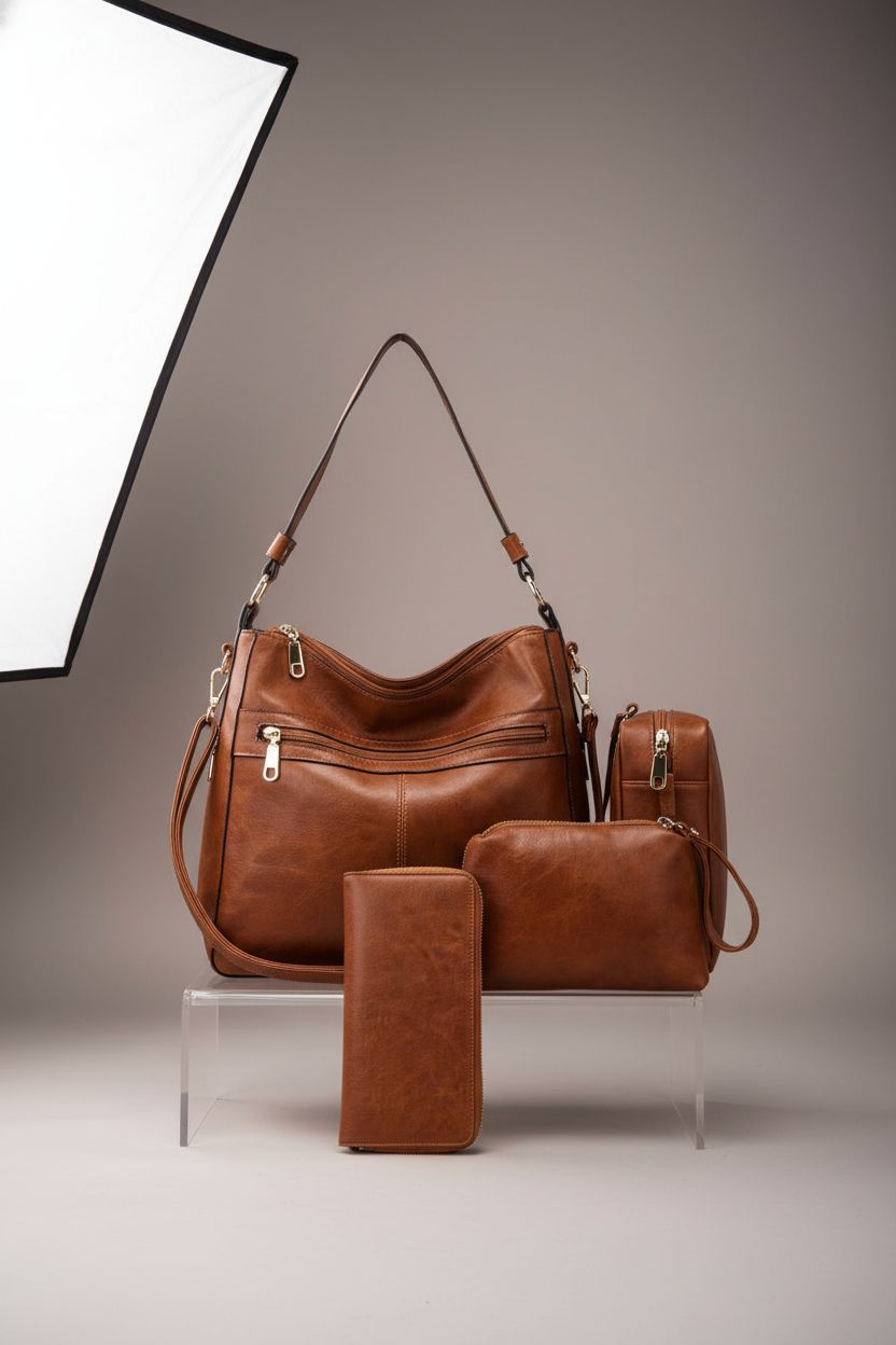 Product shot of Qiyuer brown hobo bag, wallet, crossbody, and coin purse arranged neatly on a gray backdrop.