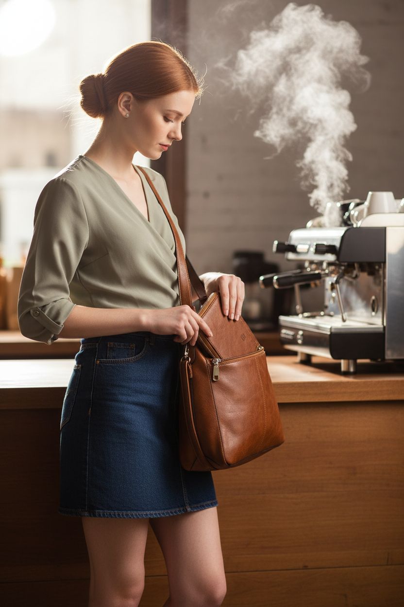 Elegant brown hobo bag with wallet being used at a café checkout, showcasing Qiyuer's chic purse design.