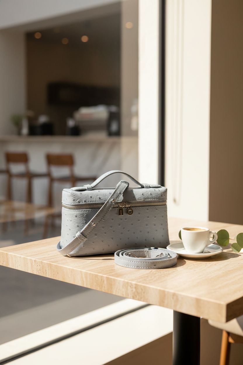 Rejolly light blue bag resting on a travertine table with eucalyptus