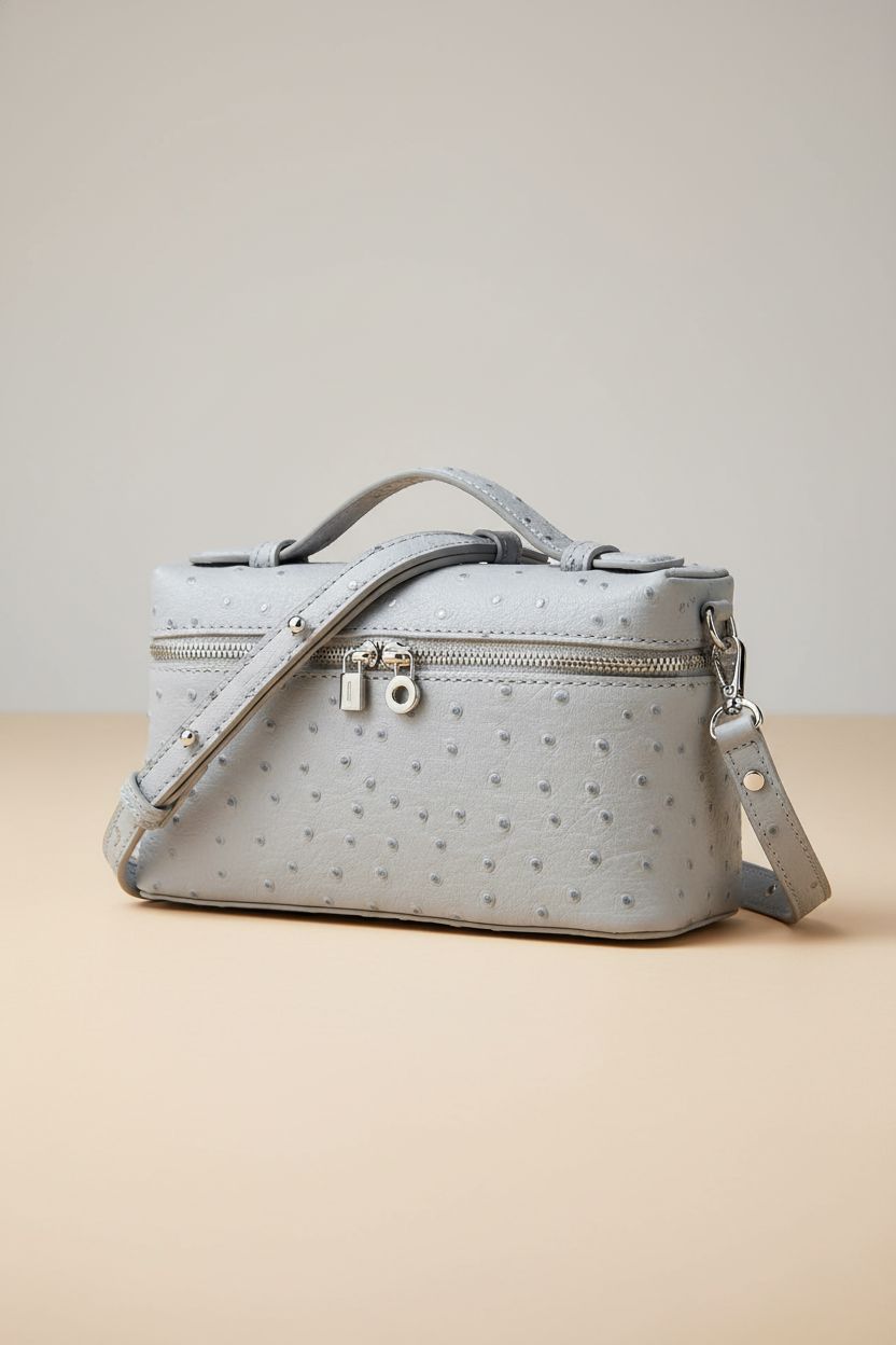 Rejolly small leather bag showcasing ostrich embossing on a gray backdrop