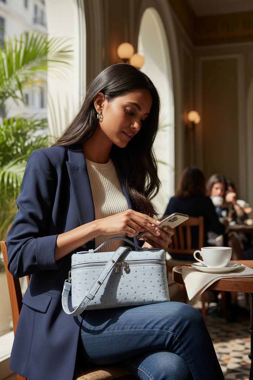 Rejolly light blue ostrich-embossed crossbody bag on a woman's thigh in a café