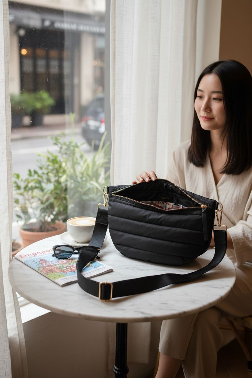 Dealkion black quilted crossbody bag on a marble table beside a latte in a cozy café.