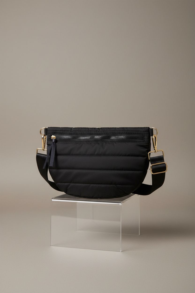 Close-up of Dealkion's black quilted crossbody bag showcasing nylon sheen and gold hardware.