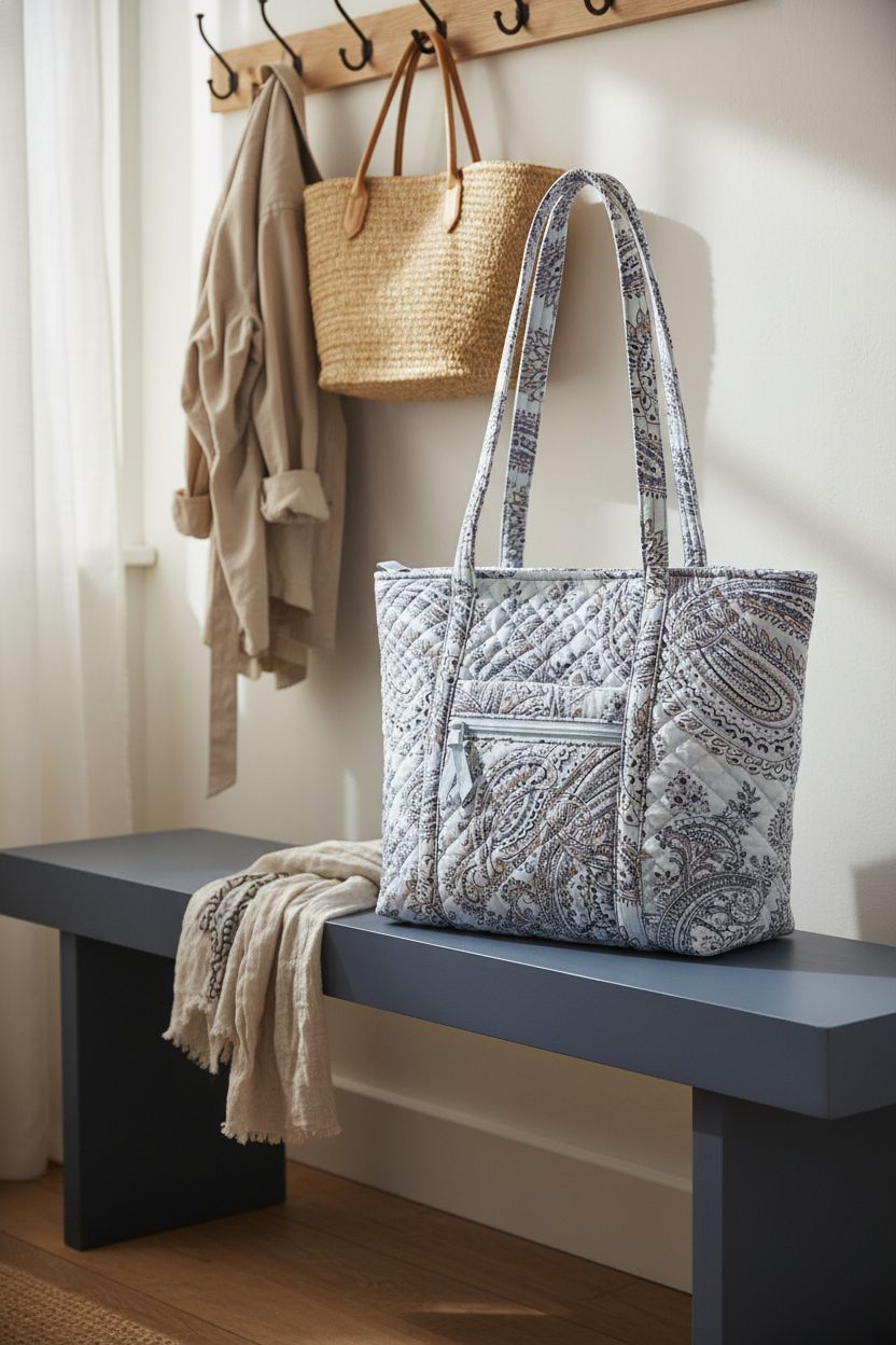 Sunlit cottage mudroom showcasing Vera Bradley Soft Sky Paisley Tote on an oak bench, perfect for any setting.