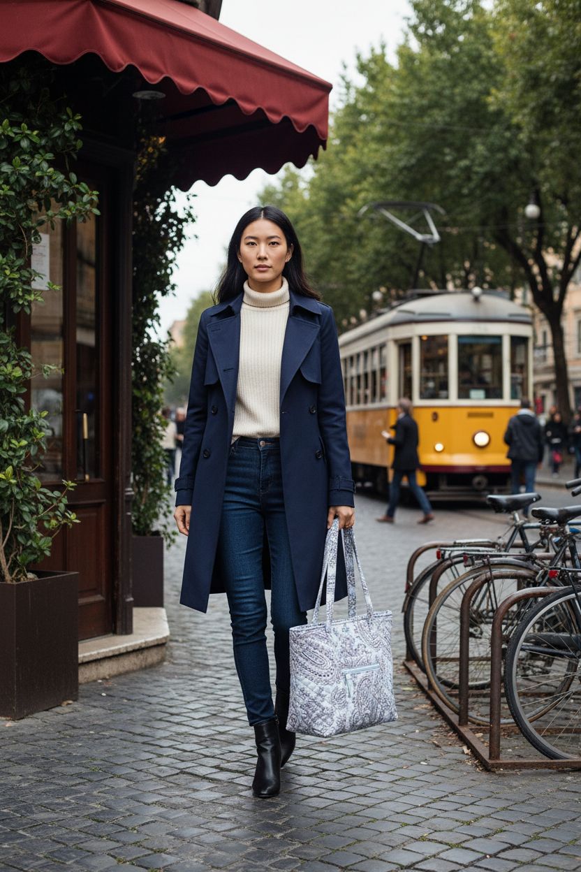Vera Bradley Small Vera Tote Bag in Soft Sky Paisley, stylishly worn on shoulder during morning commute.
