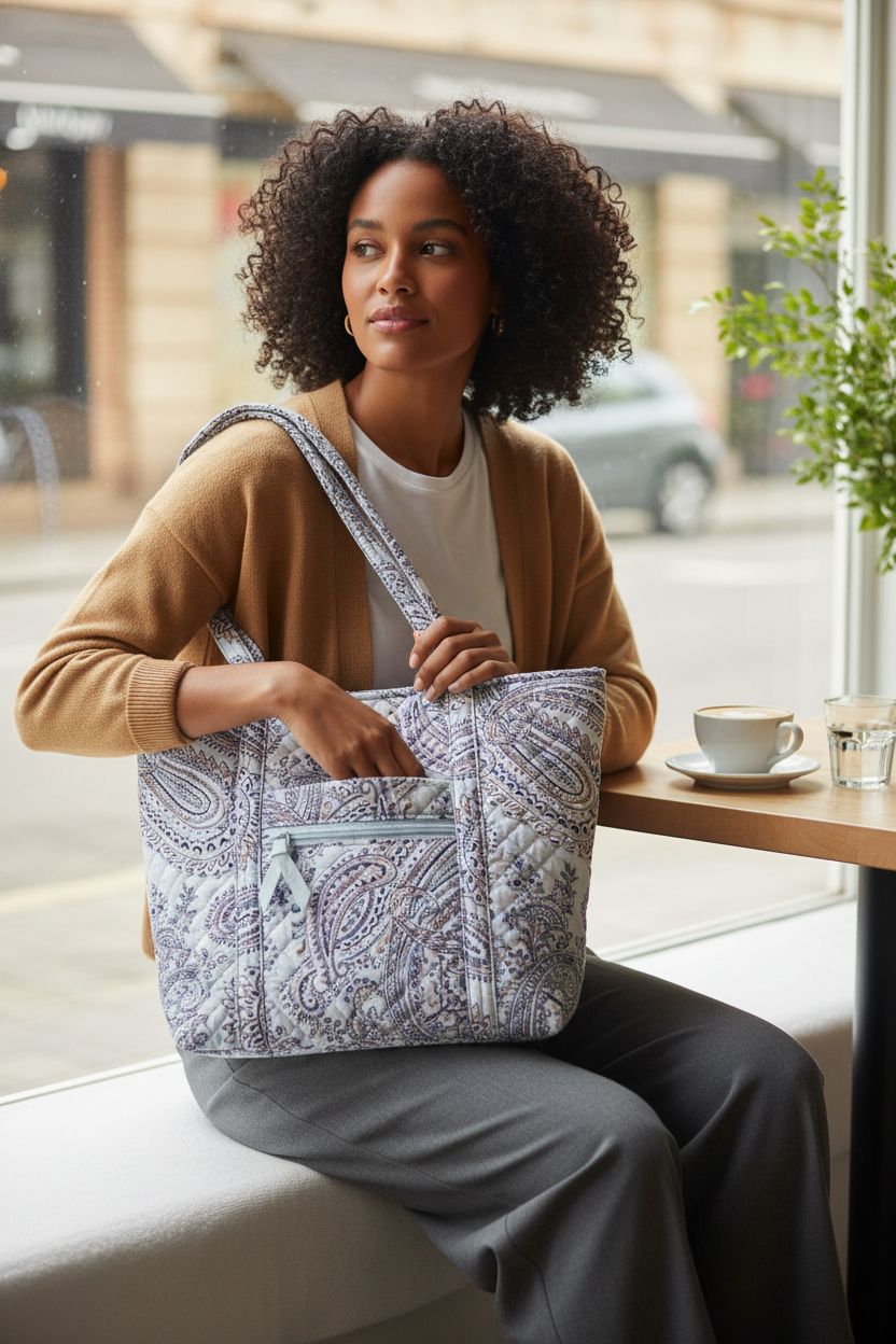 Cozy café scene featuring Vera Bradley's Soft Sky Paisley Tote, stylish and functional for everyday use.