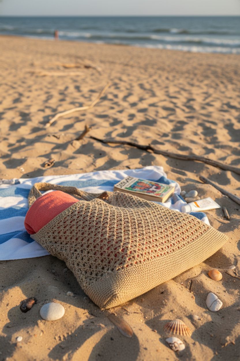 COOKOOKY crochet tote on sandy beach with towel and shells nearby