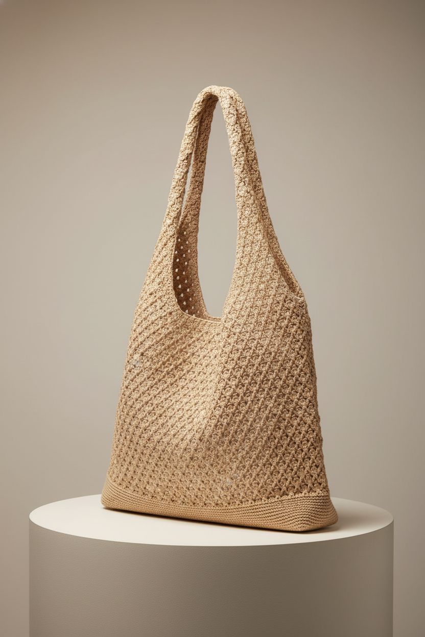 Close-up of COOKOOKY crochet tote highlighting its mesh texture and handles