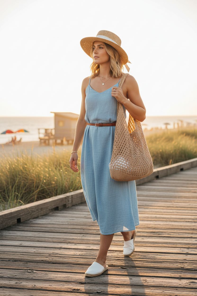 COOKOOKY khaki mesh tote bag resting at hip on a sunlit boardwalk