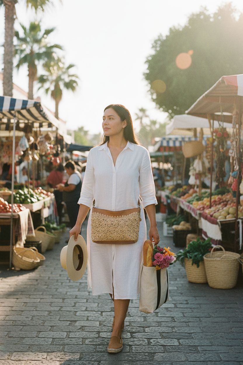 The Sak Lumi Crossbody purse in natural primrose straw at a sunlit market, showcasing its stylish design.