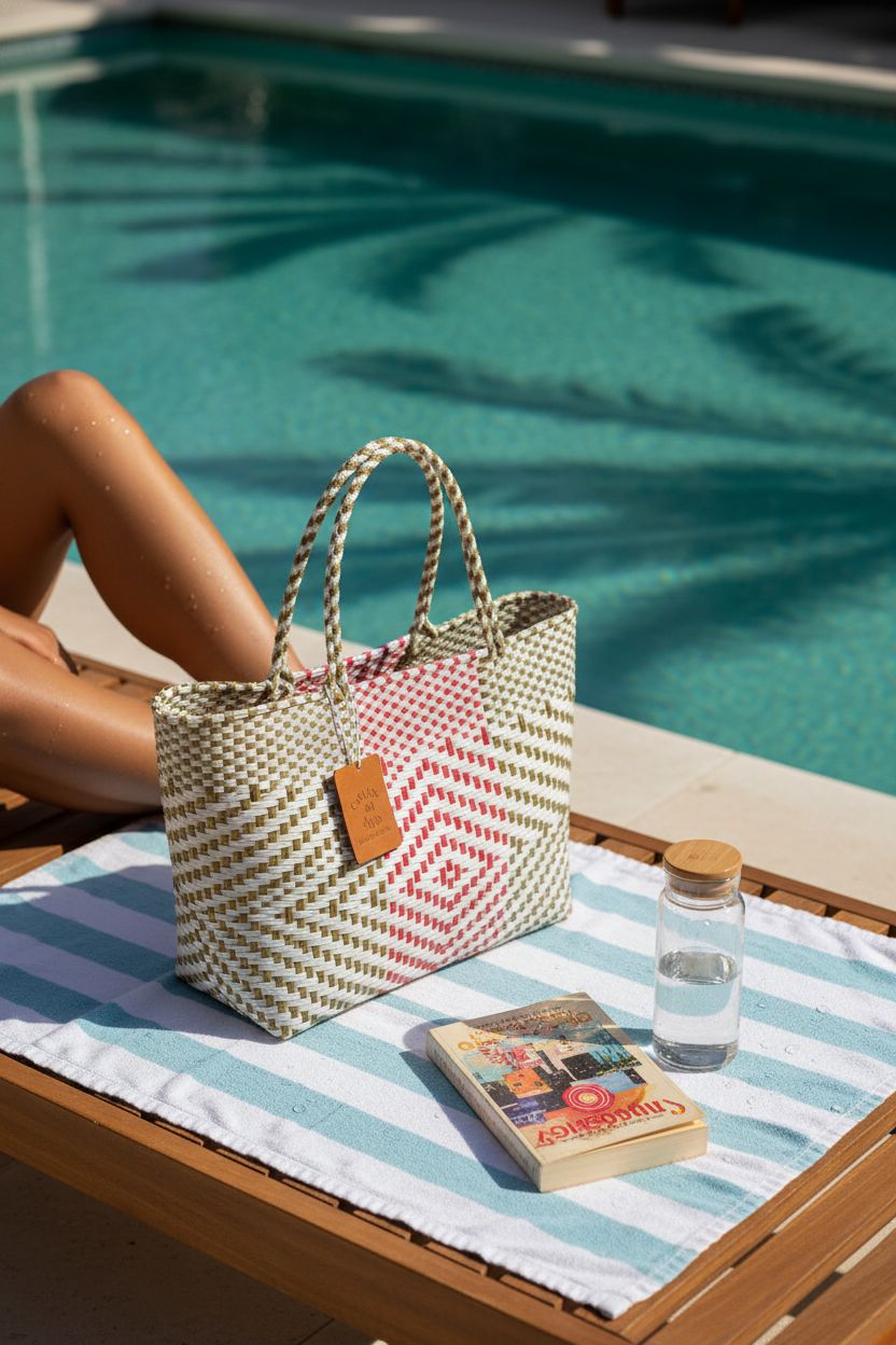 Dallas Hill recycled plastic tote bag beside pool on a striped towel with a book