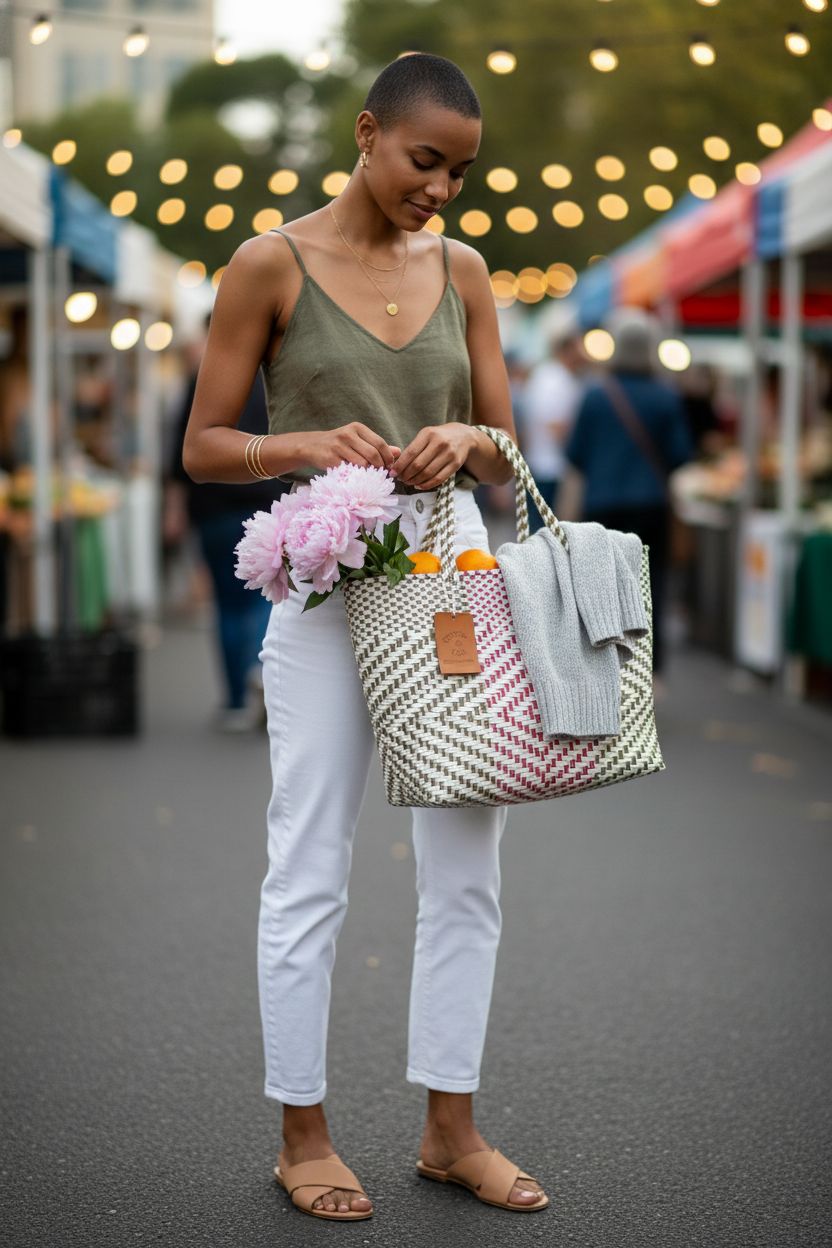 Dallas Hill recycled plastic tote bag at market, filled with produce and a cardigan
