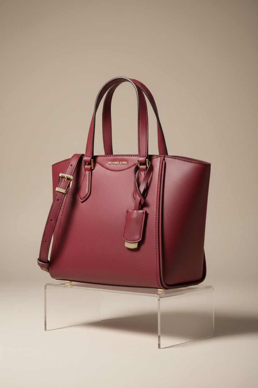 Michael Kors small convertible bag in deep red, showcasing its sleek design and gold accents.