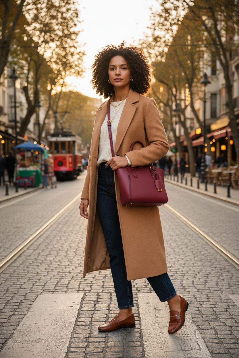 Michael Kors red crossbody bag featured in warm golden hour light, perfect for day outings.