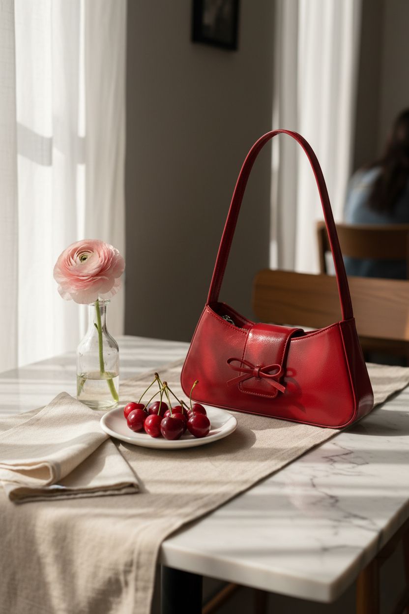 Amszke red leather purse on a sunlit cafe table, surrounded by cherries and a ranunculus