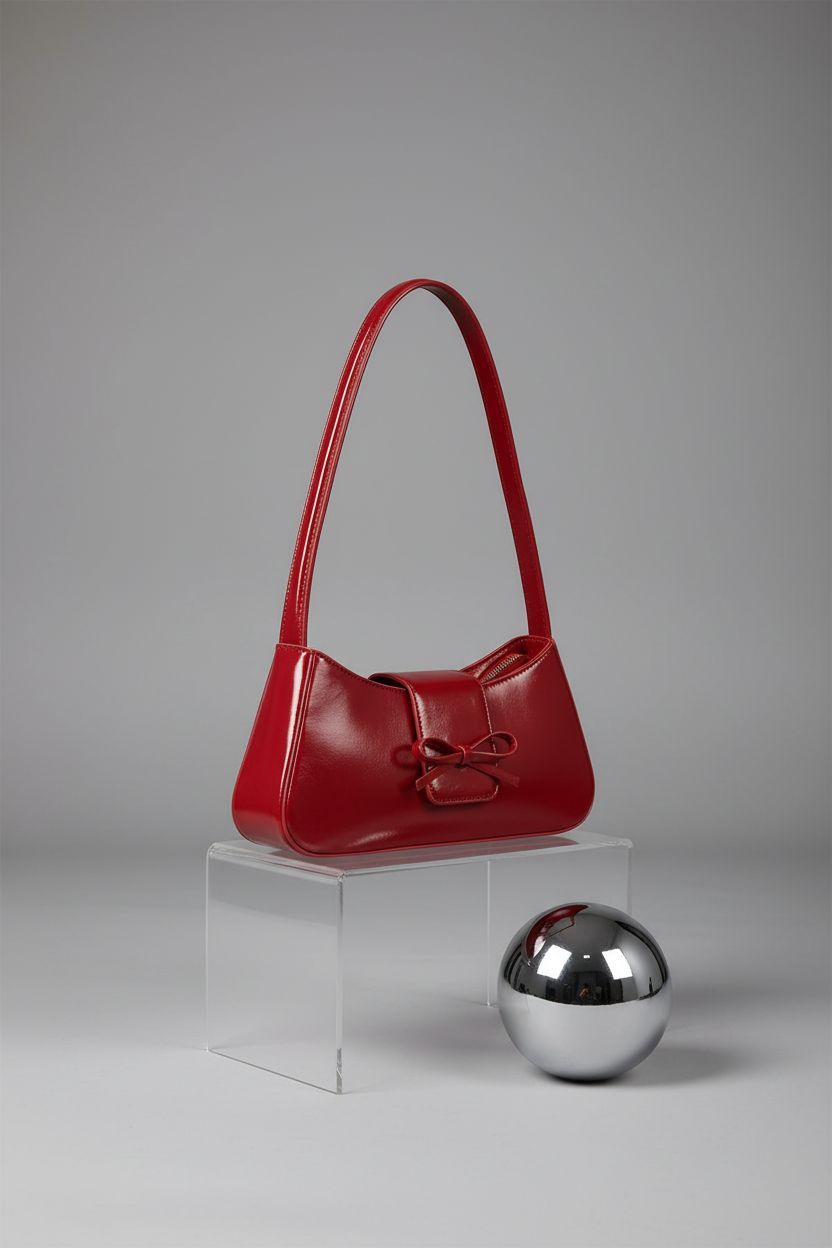 Product shot of Amszke red leather purse on acrylic riser, highlighting its sleek design