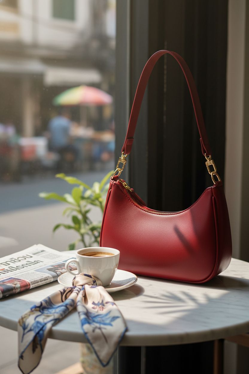 KKXIU red purse resting on a marble café table, exuding elegance and charm in a serene morning setting.