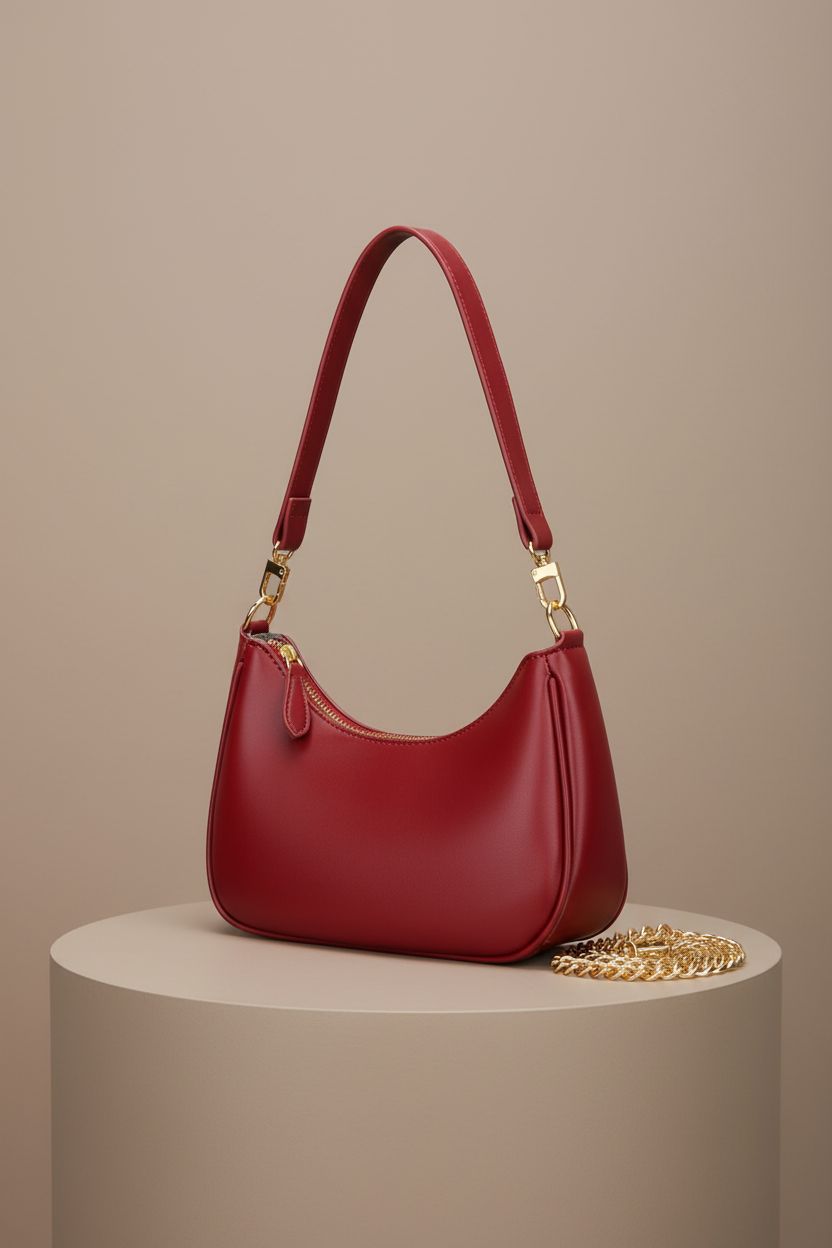KKXIU red handbag featured on a neutral pedestal, highlighting its quality and stylish design.